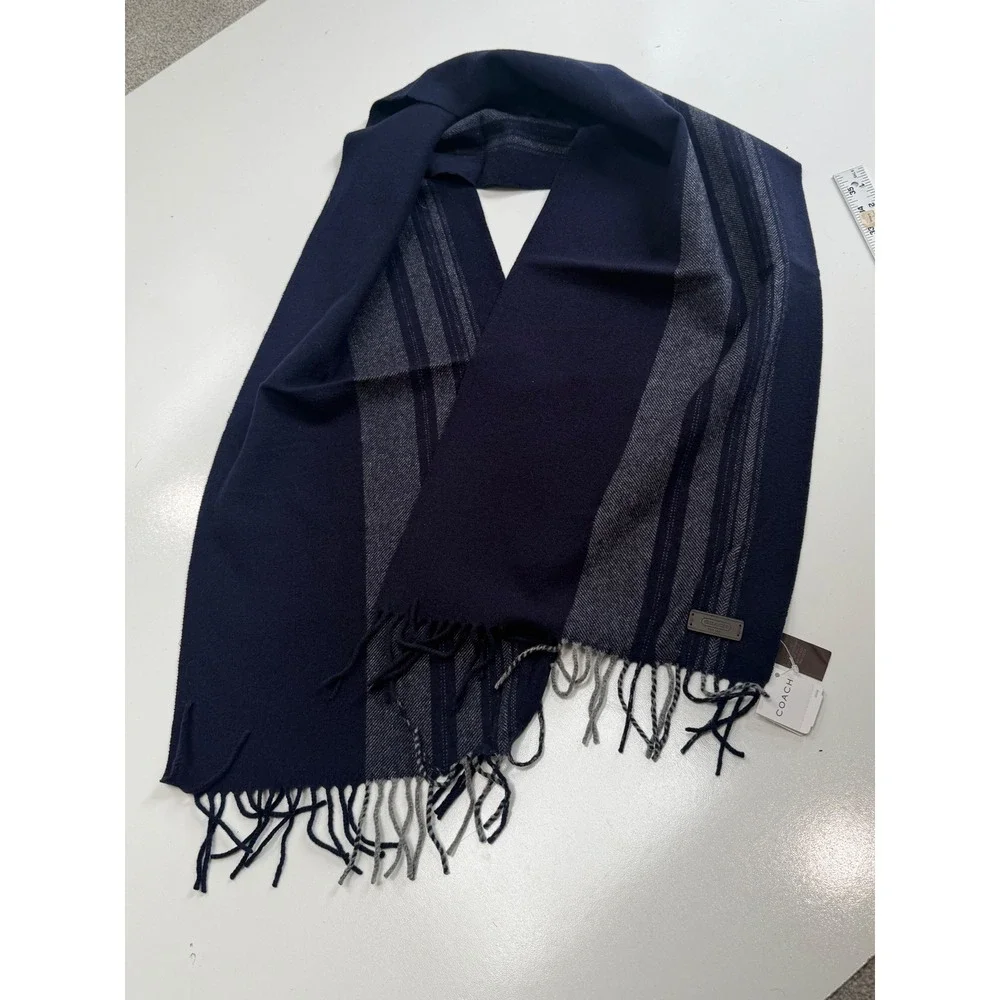 Coach Navy Blue Grey Striped Herringbone Fringed Winter Scarf New With Tags‎
